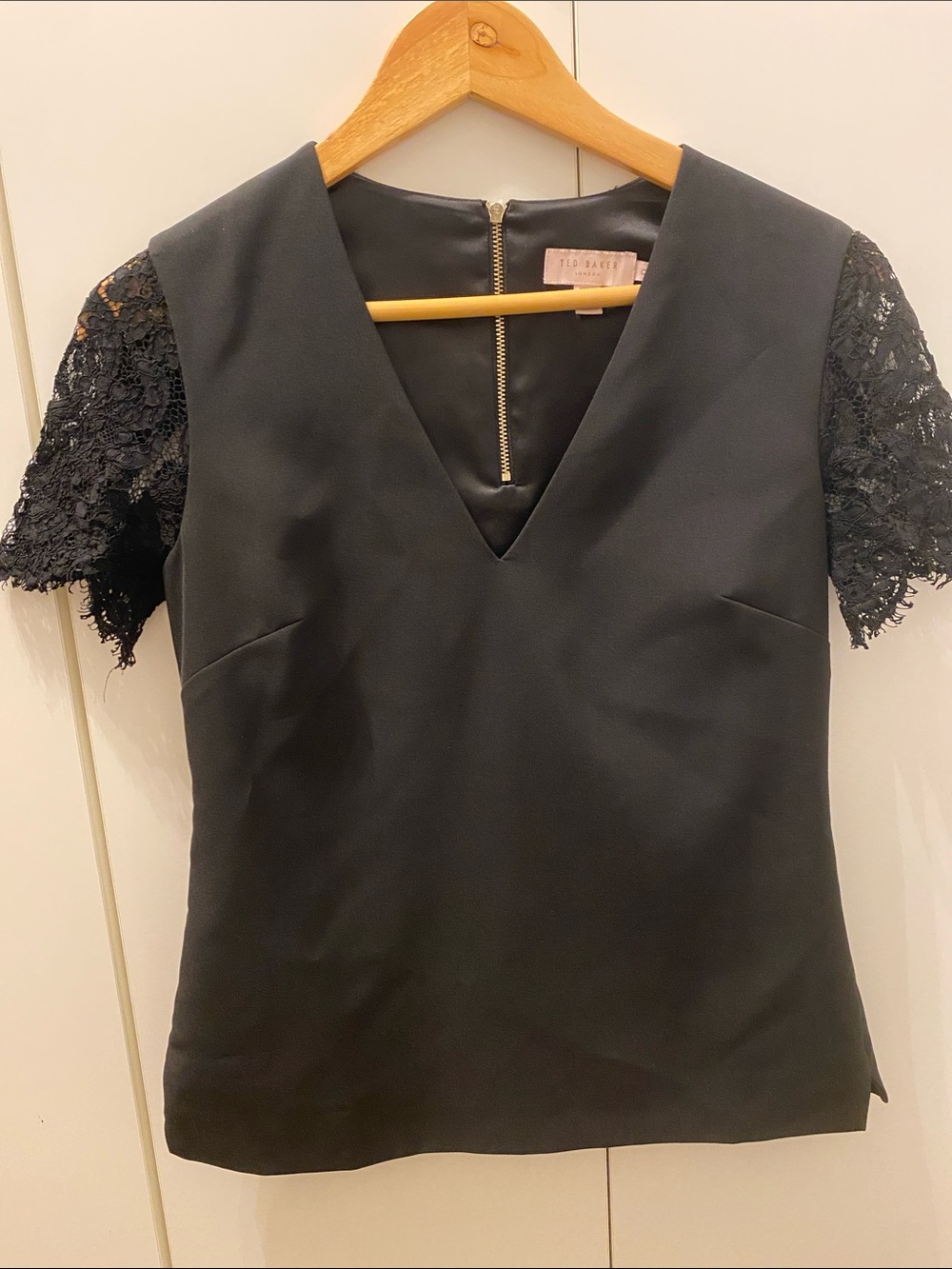 Ted Baker Black V-Neck Top with Lace Short Sleeves